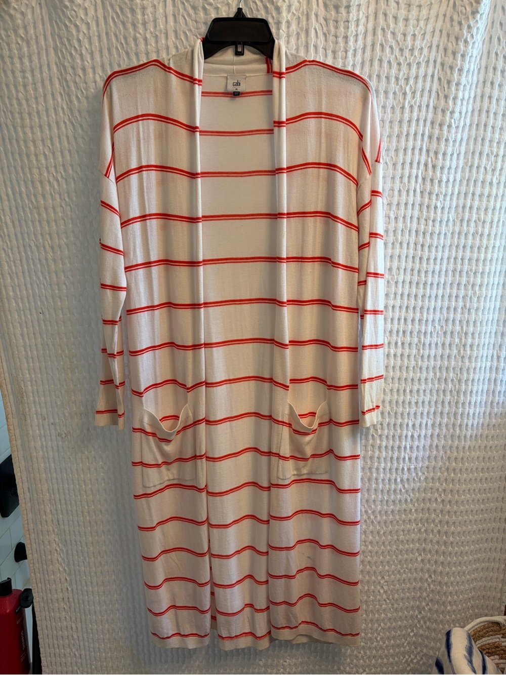 CABi White & Orange Striped  Long Open Cardigan with front pockets